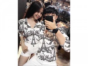 Áo sơ mi cặp nam nữ Quảng Châu 3D họa tiết tháp và xe đạp