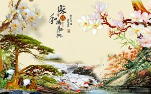 Tranh gạch men 3d cây tùng hoa mẫu đơn