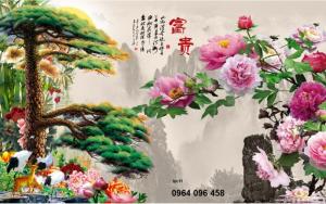 Tranh gạch men 3d cây tùng hoa mẫu đơn