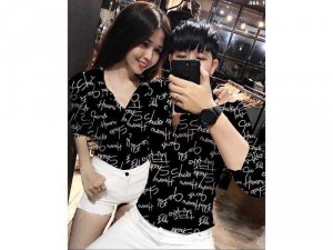 Áo sơ mi cặp nam nữ họa tiết chữ ký 4 màu đẹp vàng, đỏ, trắng, đen