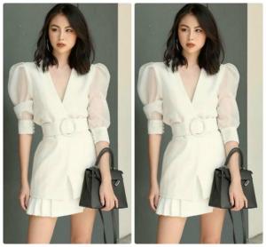 Đầm xòe cổ vest tùng phối nút kèm nịt