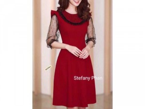 Đầm Xoè Phối Lưới Kim Sa