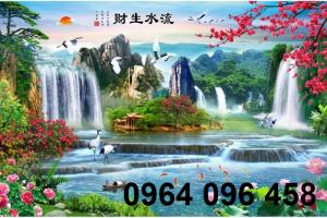 Tranh gạch 3d phong cảnh thác nước cành đào QY761