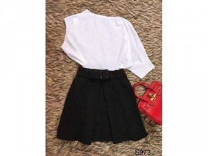 Sét áo lệch vai + quần giả váy kèm beo