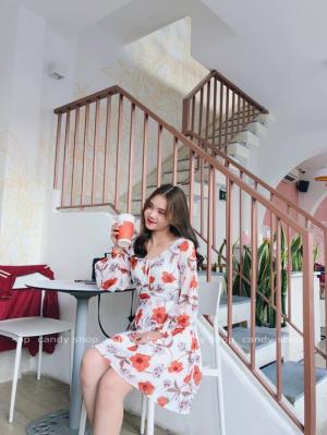 Đầm xòe voan hoa đỏ