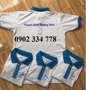 xưởng may áo thun đồng phục trắng cổ xanh