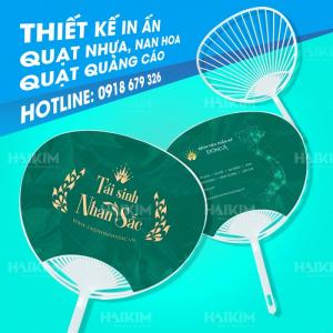 Quạt nhựa nan hoa, quạt nhựa dán decal quảng cáo, quạt cầm tay.