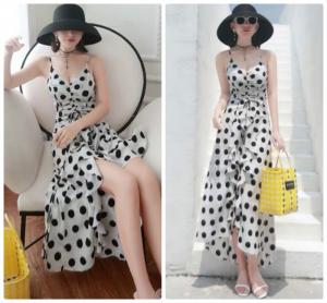 Đầm maxi bi 2 dây rút dây bèo ngực