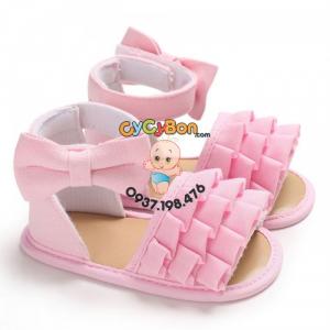 Giày Cho Bé Gái Tập Đi Sandal Hồng Xếp Ly Đính Nơ Hồng