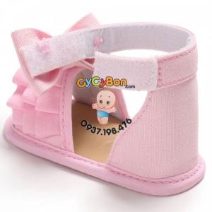 Giày Cho Bé Gái Tập Đi Sandal Hồng Xếp Ly Đính Nơ Hồng