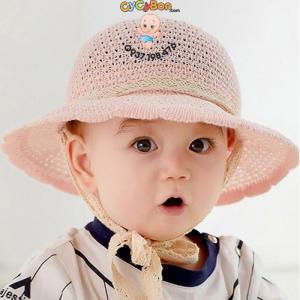 Nón Rộng Vành Cói Cho Bé Dây Cột Thêu Chữ Hello Summer