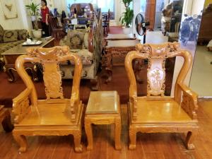 Bộ bàn ghế chạm đào gỗ gõ đỏ tay 8