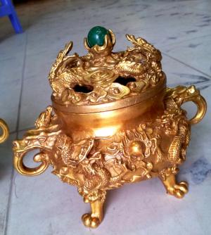 Đỉnh trầm cửu long tranh châu nắp ngọc,đỉnh xông trầm bằng đồng 12cm