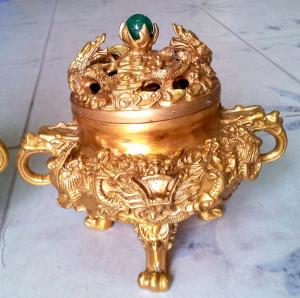 Đỉnh trầm cửu long tranh châu nắp ngọc,đỉnh xông trầm bằng đồng 12cm