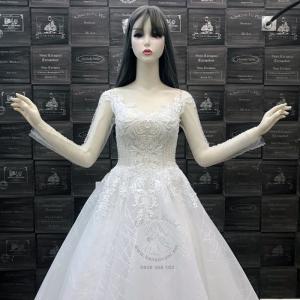 Váy cưới cao cấp tùng vi tính, tay dài lưới đính pha lê - K914