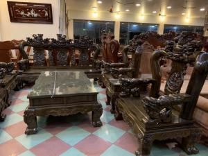 Bộ bàn ghế nghê 3 đầu gỗ mun đuôi công - tay 14 , tay 16