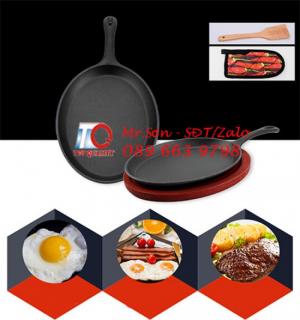 Dĩa gang chống dính hình bầu dục 1 tay cầm - Dĩa gang hình oval làm bò bé, bò bít tết 1 tay cầm tại Bình Thạnh