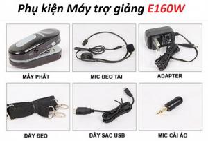 Máy trợ giảng không dây cao cấp Takstar E-160W Trọn bộ gồm:
Máy Takstar E160W, Microphone không dây 2.4G, Đầu thu mic, Mic gài đầu, Adapter sạc10.6V/ 0.45A, Cáp sạc cục phát micro, Dây đeo máy.