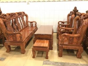 Bộ bàn ghế chạm đào mặt liền gỗ hương 6 món tay 12 BBG047