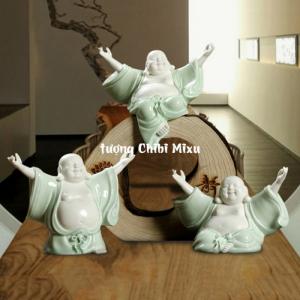 Tượng Phật Di Lặc trắng phối áo xanh - Phật ngồi dang tay