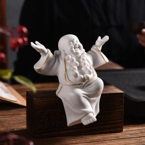 (Kèm đế gỗ) Tượng Tiếu Phật gốm trắng - mẫu dang tay