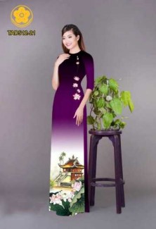 Vải áo dài phong cảnh và sen
