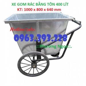 Xe gom rác tôn 400L, xe chở rác bằng tôn, xe đẩy rác 3 bánh