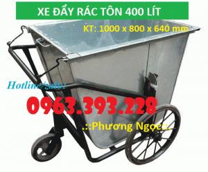 Xe gom rác tôn 400L, xe chở rác bằng tôn, xe đẩy rác 3 bánh