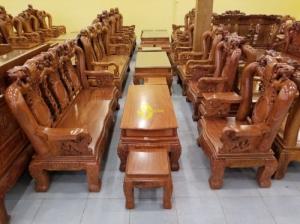 Bộ bàn ghế gỗ hương đá chạm đào tay rồng, mặt liền 6 món BBG049