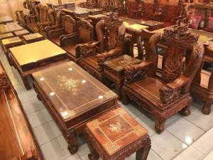 Bộ Bàn Ghế Chạm Nghê Đỉnh - Cẩn Ốc Tay 14, 6 Món