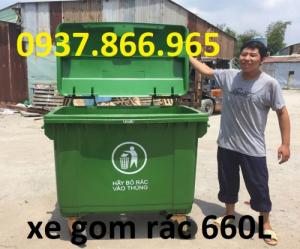 Xe gom rác nhựa 660L 3 bánh xe, 4 bánh xe thuận tiện di chuyển