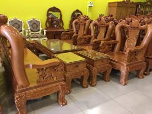 Bộ Bàn Ghế Chạm Đào Tay 14, 10 Món Tựa Lưng Chạm Tứ Linh