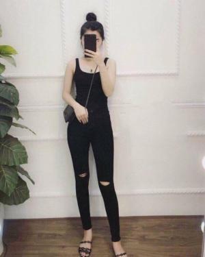 Quần jean nữ màu đen kiểu rách gối thời trang VNXK