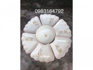 Bộ đĩa mặt trời vẽ hoa sen hàng gốm sứ Bát Tràng