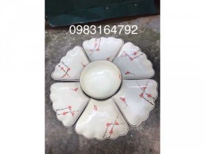 Bộ đĩa mặt trời vẽ hoa đào hàng gốm sứ Bát Tràng