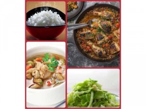 Combo : Gà kho tiêu , cơm trắng, canh củ cải, bắp cải xào
