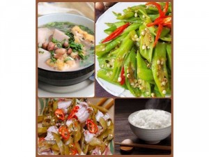 Combo : Ba chỉ trộn dưa mắm, Cơm trắng, canh khoai môn, đậu bắp xào