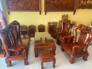Bộ bàn ghế chạm đào gỗ hương loang tuyển chọn, tay 14, 6 mó