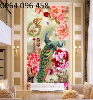 gạch tranh 3d phòng khách hình chim công