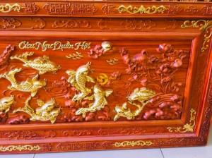 Tranh cửu ngư quần hội dát vàng 1.27m