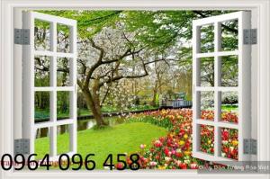 Gạch 3d ốp tường phòng khách tranh cửa sổ