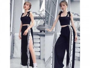 Set nữ đen áo 2 dây nơ mix quần xẻ bấm