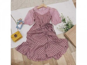 Set nữ yếm caro chân bèo rút dây áo voan