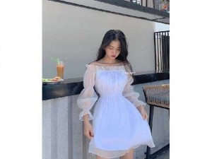 Đầm váy nữ trắng xòe bẹt vai tay phồng