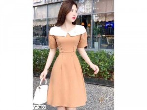 Đầm váy nữ nude phối cổ trắng nút bọc nơ