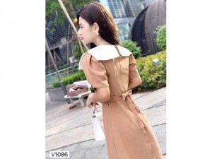 Đầm váy nữ nude phối cổ trắng nút bọc nơ