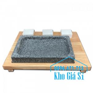 Miếng đá/Tấm đá Hàn Quốc nướng thịt BBQ, thịt bò có khay gỗ lớn để phục vụ