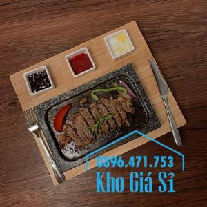 Miếng đá/Tấm đá Hàn Quốc nướng thịt BBQ, thịt bò có khay gỗ lớn để phục vụ