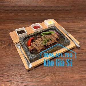 Miếng đá/Tấm đá Hàn Quốc nướng thịt BBQ, thịt bò có khay gỗ lớn để phục vụ