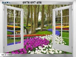 Tranh dán tường - tranh gạch 3D cửa sổ vườn hoa